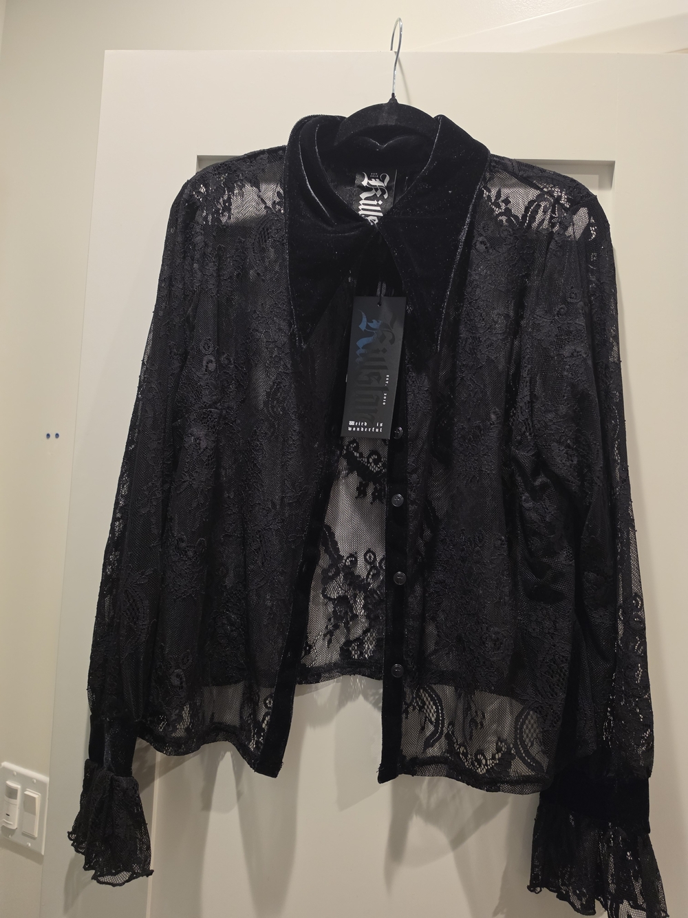 Killstar Black Sheer Lace Button-Up Jacket with Velvet Collar